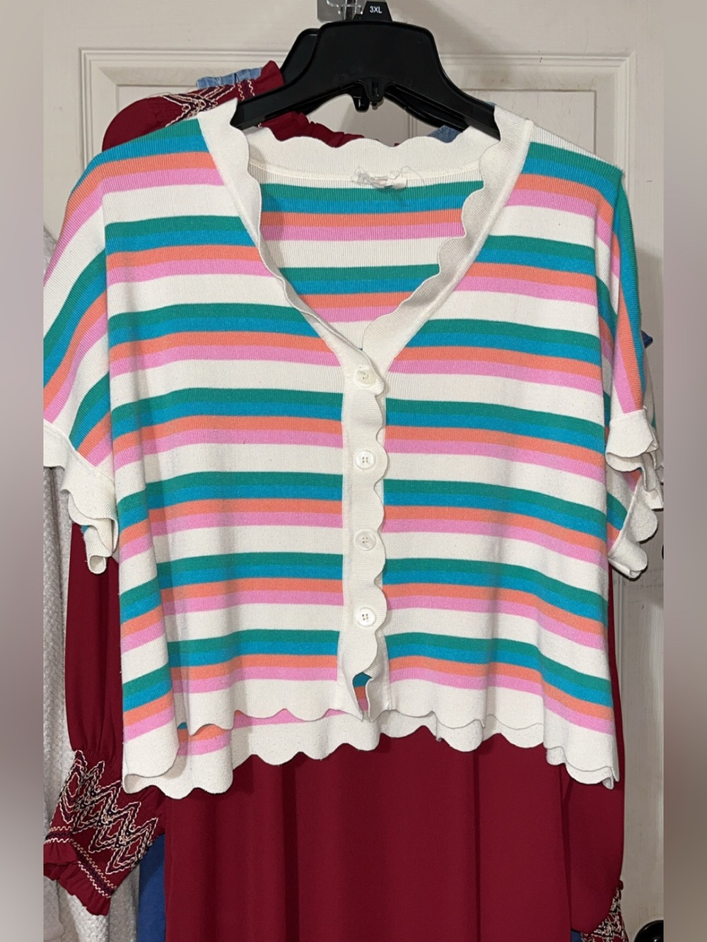 Entro Multicolor Striped Scallop-Trim Cardigan